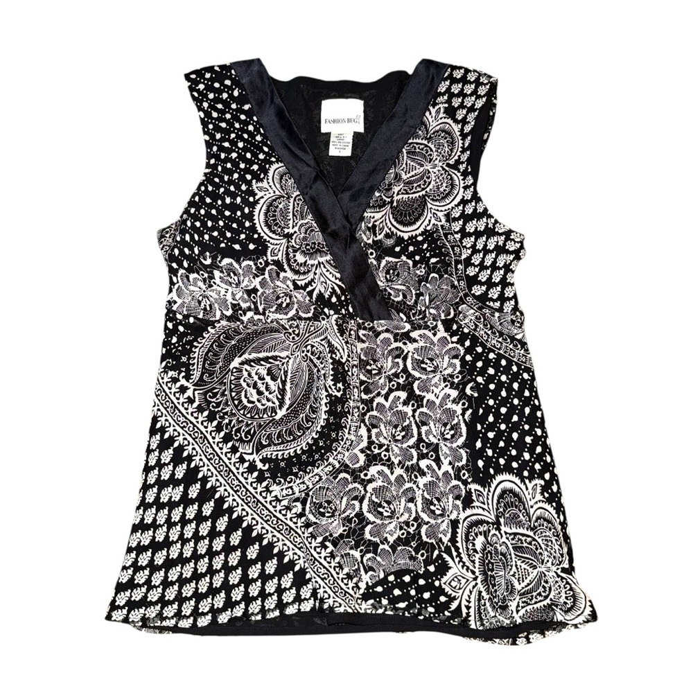 Fashion Bug 100% Silk Black & White Paisley Floral Sleeveless Blouse – Size L